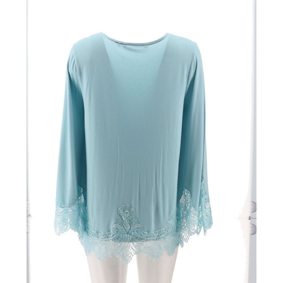 Colleen Lopez Long Bell Sleeve Lace Inset Porcelain Blue XL Blouse - Picture 10 of 13